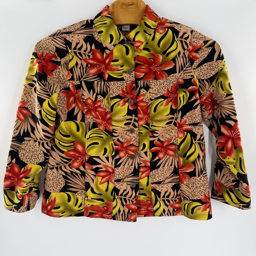 Allison Daley Tropical Floral Leopard Print Button Front Jacket Orange Green 16